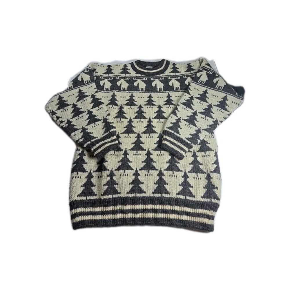 Skogs Lille Woolen Woods Nordic Moose Tree Wool Knit Sweater Mens Crewneck Cabin